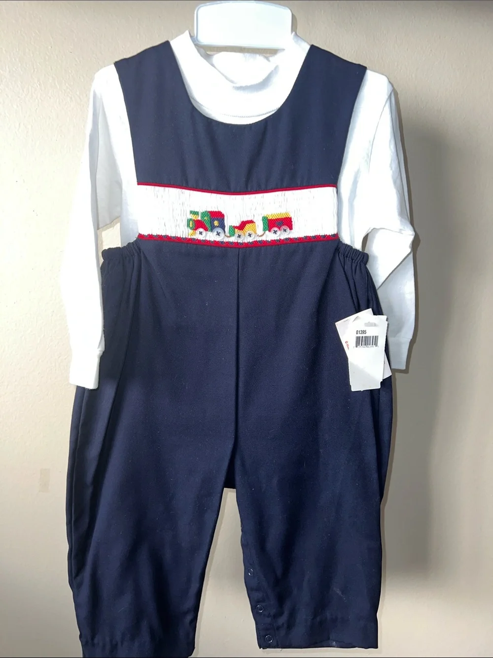VTG 1990's Navy Hand Smocked Train Applique Baby Romper with White Shirt 18M